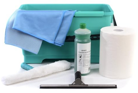 HyPaFol Fensterputzer Set I XXL Fensterreiniger Set mit Fensterabzieher, Fensterputzeimer, Fensterwischer & 1 Wischbezug, Fensterseife Konzentrat und 2X Microfasertuch Fensterputztuch