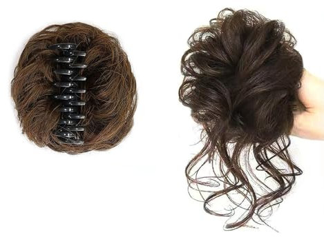 FDEETY Haarschmuck Dutt Haarteil Echthaar Wellig Lockig Haardutt Haarverlängerung Hochsteckfrisur Clip in Claw Pferdeschwanz Haarteile Haar Scrunchies für Damen(Dunkelbraun)