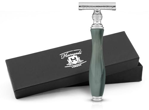 Haryali London Rasierhobel mit Doppelklinge für Damen und Herren – Rasierhobel mit Doppelklinge aus Kunstharz – Ergonomisches Design – Wiederverwendbarer Rasierer – Grau – Passend für alle DE-Klingen