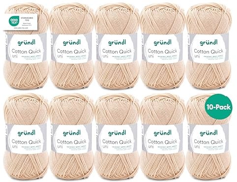 Gründl Wolle Cotton Quick uni Häkelgarn 10 Knäuel 50 g, eierschale | dünne Wolle zum Häkeln - Strickgarn - Häkelgarn - Glänzend und hautfreundlich - 100 % Baumwolle - 50 g / 125 m