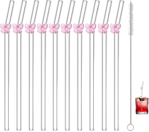 11 PCS Glass Straws Drinking, Drinking Straws, Clear Straws with Pink Bow Charms 10 Straws + 1 Cleaning Brush, 20cm for Smoothies Tea Coffee Milkshakes