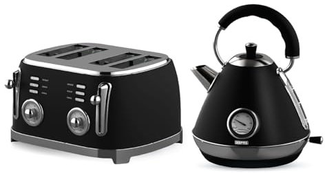 GEEPAS 1.7L Electric Kettle & 4 Slice Bread Toaster Kitchen Combo Set | 3000W Vintage Cordless Stainless Steel Kettle Auto Shut-Off, Temperature Gauge | Defrost/Reheat/Cancel 1500W | Black Retrovive