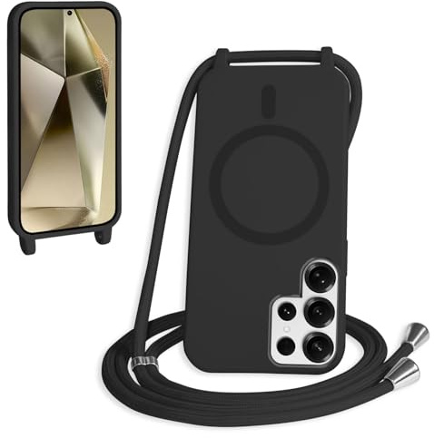 FMPCUON Magnetisch Handykette für Samsung Galaxy S24 Ultra Hülle,Necklace Hülle mit Bands Handyhülle für zum Umhängen Kordel,kompatibel mit Magsafe Silikon Case mit Handykordel,Schwarz