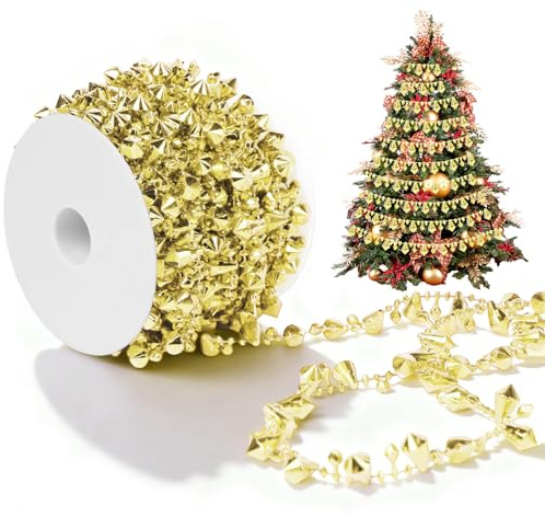 Anstore Perlengirlande Gold Christbaumkette Weihnachtsbaumschmuck Perlenkette Gold Weihnachtsdekoration, 10m Kugelkette Weihnachtsgirlande Perlenschnur Perlenhochzeit für Weihnachten, Geburtstag
