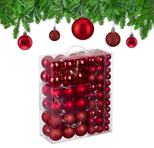 Relaxdays Weihnachtskugeln im 138er Set, Kunststoff, glitzernde, Matte, glänzende Baumkugeln, Christbaumschmuck, rot