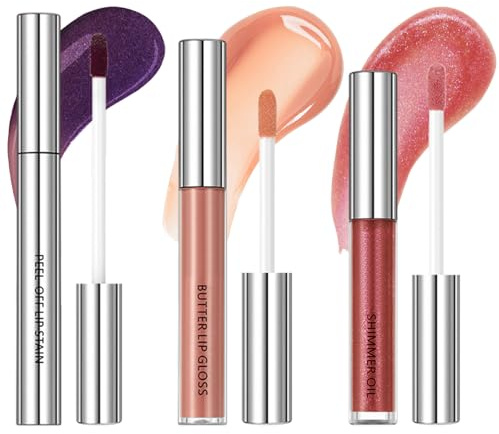 3 Stück Lip Gloss Set, Peel Off Lip Stain, Matt Wasserfest Lippenstift, Hydrating Lippen Gloss Set Makeup, Plumping Finish, Glitzer Shiny Lip Glow Oil Mit Glänzender für mädchen, 03