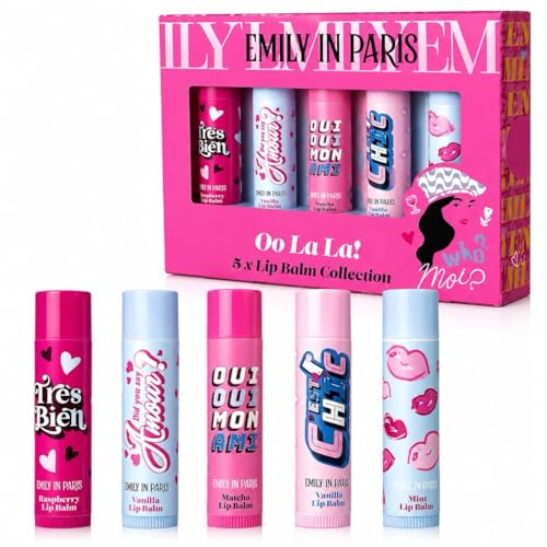 Corsair Toiletries Emily in Paris Lip Balm Gift Set – Raspberry, Vanilla, Matcha, Vanilla & Mint Flavours, Pack of 5