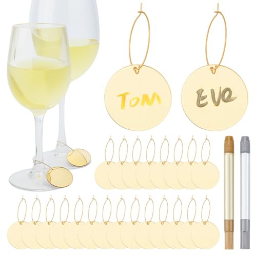 WEBEEDY 60 Sets Wine Charms for Glasses, DIY Wine Glass Charms with Metal Rings Acrylic Tags, Golden and Silver Marker Pens, Drink Charms Identifiers Label for Stem Glasses Christmas Wedding Party