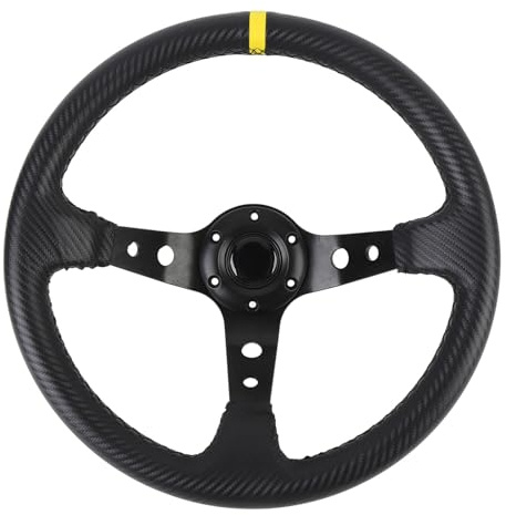 Tbest Racing Lenkrad 14 Zoll Universal Carbon Fiber Look Sport Lenkrad mit Horn für Autorennen Driften Enthusiasten PVC Aluminium PU Leder (YELLOW)