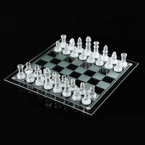 Juego de Ajedrez de Vidrio - AMATOYS - Set Elegante y Educativo - Piezas y Tablero de Vidrio Transparentes y Escarchadas - Ideal para Niños, Adultos y Decoración (22 x 22 cm)