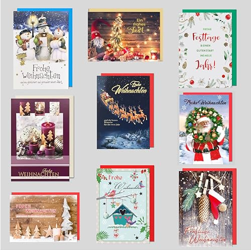 Hochwertiges Weihnachtskarten-Set FROHE WEIHNACHTEN | 9 Klappkarten 17x12cm inkl. Umschlag | Festliche Grußkarten für Familie & Freunde | Nachhaltig produziert in Deutschland (klassisch-festlich)