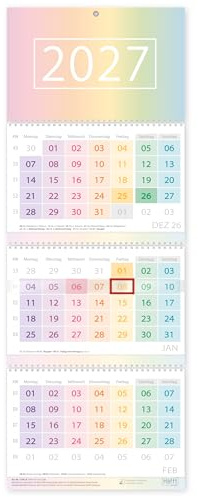 Häfft® 3-Monatskalender 2027 Wandkalender mit Schieber Rainbow | Bürokalender Wandplaner mit farbigen Wochen inkl. Ferien & Feiertage für DE und Jahresübersicht