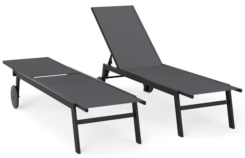 FANTASK Sonnenliege mit Rollen, Liegestuhl mit 6-Fach Verstellbarer Rückenlehne, Gartenliege aus schnelltrocknendem Stoff, Strandliege bis 150kg belastbar für Garten, Balkon (Grau, 2 Liegen)