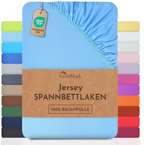NatureMark Jersey Spannbettlaken, Spannbetttuch 100% Baumwolle in vielen Größen und Farben MARKENQUALITÄT ÖKOTEX Standard 100 | 200x220 cm +40 Steg - hell blau