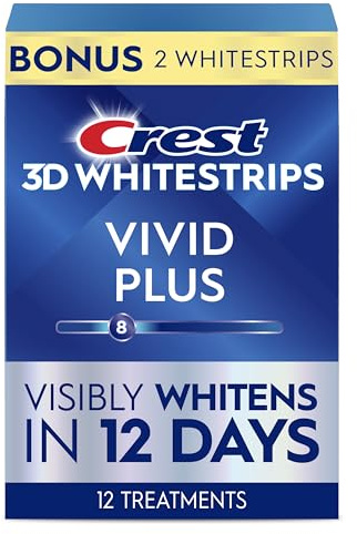 Crest 3D Whitestrips Vivid Plus, Teeth Whitening Strip Kit, 10 Treatments + 2 Bonus Treatments (Each with 1 Upper/1 Lower Strip), 24 Strips, 8 Levels Whiter, Teeth Whitening Kit
