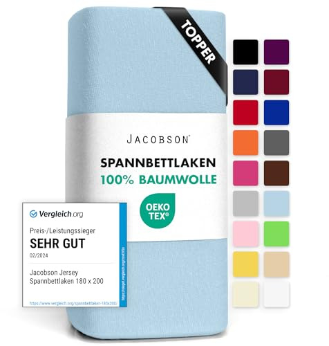 Jacobson Jersey Spannbettlaken Spannbetttuch Baumwolle Bettlaken (Topper 140-160x200 cm, Hellblau)