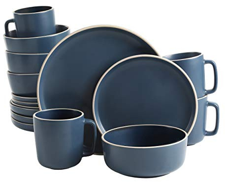 Gibson Home Zuma Service de table de cuisine rond 16 pièces pour 4 personnes, assiettes, bols, tasses, en grès mat, bleu