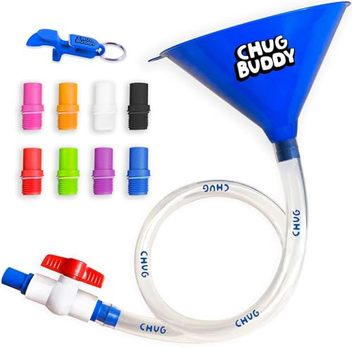 Chug Buddy Beer Bong – Beer Funnel with Valve – Drinking Funnel with Hose – Includes 4 Interchangeable Mouth Pieces – Extra Long 3Ft Tube – Ideal for College, Party, Drinking Games