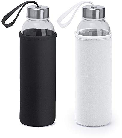 NM 2 Borracce 500 ml Vetro con Astuccio in Neoprene Bottiglia Acqua Alta qualità Adatta Viaggi Bambini Sport Palestra Scuola Lavoro Tempo Libero Riutilizzabile Idea Regalo (Nero - Bianco)