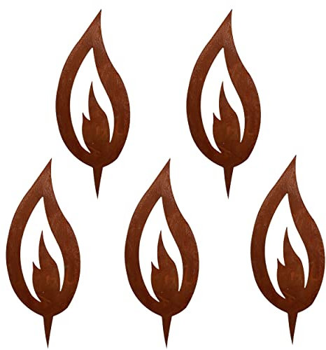 Rostikal 5 er Set Rost Deko Flamme Edelrost 22 cm groß Rostige Weihnachtsdeko Kerze Advent Kerzenflamme zum stecken Rostoptik