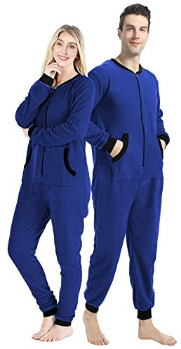 dressfan Unisex-Pyjama, Einteiler, Overall, Loungewear, Thermo-Reißverschluss, ohne Fuß, Damen und Herren, blau, XL