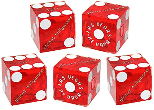 Set mit 5 authentischen Las Vegas Casino Tischspiel-Würfeln mit passenden Seriennummern (Planet Hollywood (rot poliert))