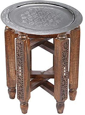 Marokkanischer Runder Tisch Couchtisch Halab ø 40cm rund | Orientalischer Wohnzimmertisch mit klappbaren Vintage Gestell aus Holz in Braun | Tablett Mehdia Klapptisch ist aus Messing in Silber