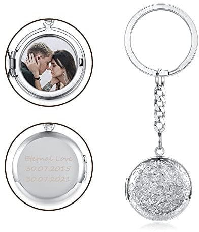 Zysta Personalized Text & Fotogravur Medaillon zum öffnen für Bilder Foto Schlüsselanhänger mit Gravur Vintage Charms Blume Schlüsselbund Amulett Keychain für Damen Mädchen