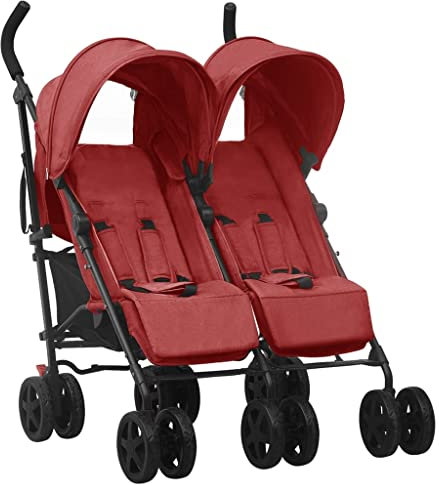 vidaXL Geschwisterwagen mit 12 Rädern Korb Traggürtel Zusammenklappbar Verstellbar Kinderwagen Zwillingswagen Zwillingsbuggy Buggy Rot Stahl