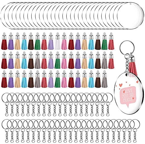 Lot de 200 porte-clés vierges en acrylique transparent avec chaîne et anneaux de jonction pour loisirs créatifs (rond, 50 ensembles)