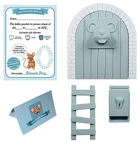Myfuturshop® Ratoncito Pérez Puerta mágica, Caja para el Diente, Escalera, 4 certificados de Diente Limpio. Regalo Original para niño y niña. (AZUL PASTEL)
