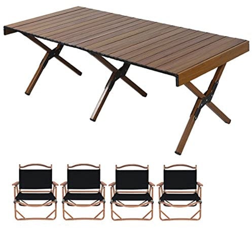 PYapron Klapptisch Campingtisch Bambus Falttisch Leichte, Klapptisch mit Tragetasche, Multifunktionstisch Belastbar Bis 50 Kg, Tragbar, Ideal für Reise Picknick,Walnut Color,L 4 Black Chair