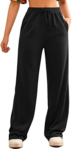 FACDIBY Jogginghose mit weitem Bein für Damen, elastisch, hohe Taille, Kordelzug, lockere Hose mit Taschen, Schwarz, Groß