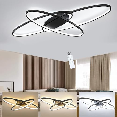 LED Deckenleuchte Wohnzimmer Dimmbar mit Fernbedienung 130cm Schwarz 72W | Deckenlampe Wohnzimmer modern großes ovales Design, Wohnzimmer Lampe Decke, 3000K‑6500K, 10–100 % Helligkeit, Memory-Funktion