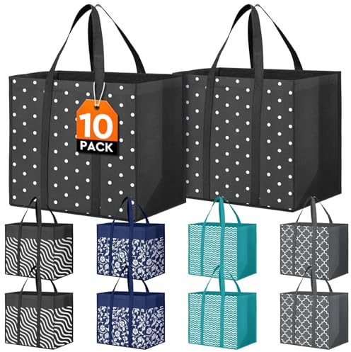 10 Pack Reusable Grocery Bags Waterproof Tote Bags for Shopping Groceries
