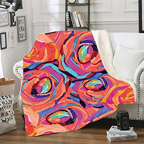 Plaid Orange Rose Bleu Plaid Canape Flanelle et Laine Agneau Couverture Conception Recto-Verso Plaid Polaire Mou Jeté de Canapé Epaissir Plaid Canapé 150x200cm