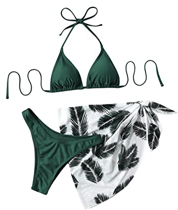 GORGLITTER Bikini Mit Rock Damen Set 3 Teilig Triangel Bikini Set Neckholder Badeanzug Bikini Mit Palme Grün M