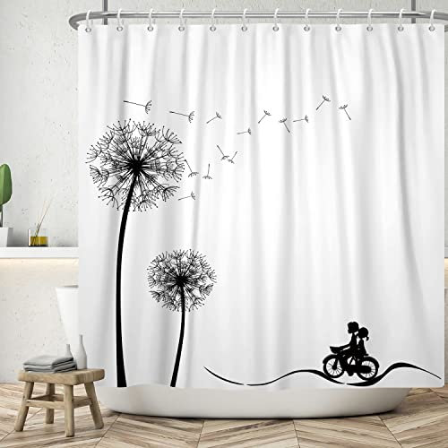 Ttincceer 152x183cm Rideau de Douche Pissenlit Noir Blanc Pissenlit Plante Rideau de Bain Jeune Couple Cyclisme Silhouette Rideaux de Douche Simple Moderne Rideau de Baignoire étanche