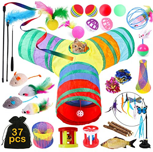 TAVADA Katzenspielzeug Set mit Katzentunnel,Katzen Spielzeug,37 Stück Kätzchen Maus Spielzeug Set,mit Katzentunnel,Bälle,Plüschspielzeug,Federspielzeug für Kitty Katzen
