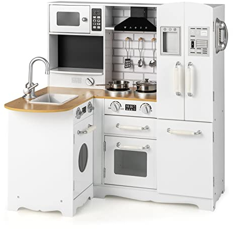 DREAMADE Cuisine d’Angle Enfants en MDF, Coin Arrondi, Évier, Cuisinière, Distributeur d'eau, Rangements Inclus, Jeu d'Imitation pour Tout-Petits 3 Ans+, 82 x 66 x 88 cm (Version améliorée)
