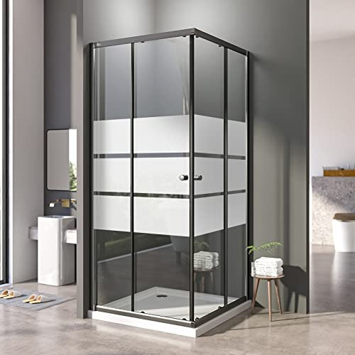 Duschkabine 75 x 90 cm Eckeinstieg Duschabtrennung Doppel Schiebetür Schwarz Duschwand 6 mm ESG Sicherheitsglas in Klarglas mit Weißen Streifen,Montage auf Duschwanne oder Fliese,Höhe 185cm