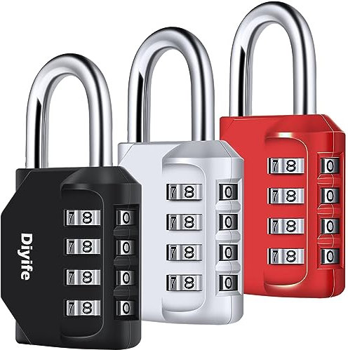 Combination Padlock, [3 Pack] Diyife 4 Digit Lock Combination, Padlock Weatherproof Outdoor for School Gym Locker, Shed, Fence, Hasp, Garage(Black&Red& Silver