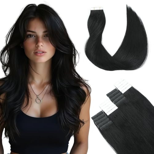 SURNEL Schwarz Tape Extensions Echthaar 45cm 50Gramm 20Stücke Weich Tape in Extensions(tape#1-45cm)