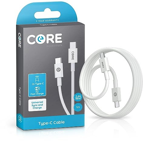 CORE + Essentials | 1M USB C to USB C Charger Cable 2.4A | POWER DELIVERY Fast Charging | Compatible with iPhone 15 Pro/Max, Macbook, Samsung, Google Devices (1 x 1M)