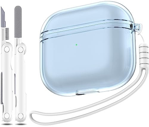 MHYALUDO Custodia Cover per Airpods di terza generazione, Compatibile con Airpods di terza generazione 2022, Custodia morbida trasparente antiurto con penna per pulizia con cordino,Blu