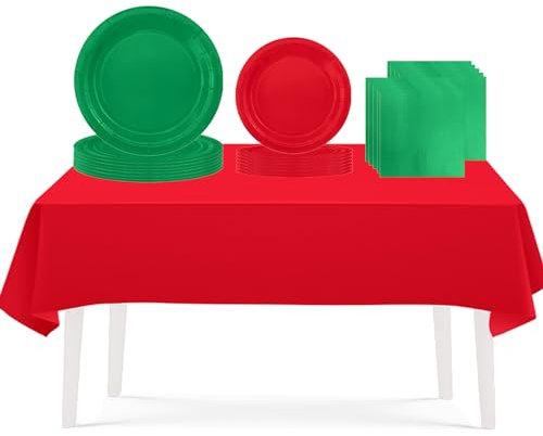 Set di stoviglie usa e getta per bambini, 53 pezzi, colore rosso e verde, set da tavola usa e getta – tovaglia, piatti di carta da 17,8 cm e 22,9 cm, tovaglioli di carta per Natale, compleanno, festa