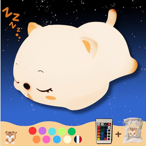 TITOU Veilleuse Bébé Lumineuse Chat - Pack Complet Sac, Cable USB, Télécommande, Guide et Minuteur - Marque Française, Qualité Sans BPA, Tactile LED - Lumière 9 Couleurs Facilitent L'Endormissement