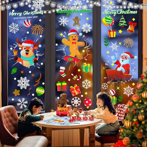 Fensterbilder Weihnachten Selbstklebend, 184 Pcs Selbstklebend Weihnachtsfensterbilder Doppelseitig Fensterbild Weihnachten Wiederverwendbar, Kinder Fensterfolie Weihnachten