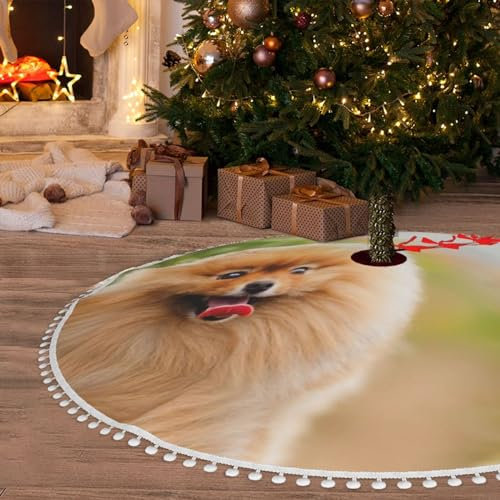 Weihnachtsbaumdecke mit Pompom-Besatz, 121,9 cm, Weihnachtsbaumschmuck, Matte, Pommern, doppellagig, Weihnachtsbaumrock für Weihnachtsdekoration