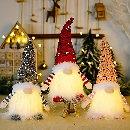 GALER 3PCS Light Up Gonks Christmas Decoration, Handmade Christmas Gonks With Light, Swedish Santa Gnome with Glittery Hat Swedish Inspired Gnomes Elf Craft Christmas Decorations Indoor Holiday Decor